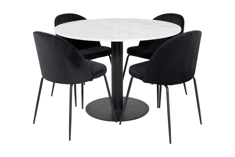 Admira Matgrupp 106 cm Rund inkl 4 Foyos Stolar - Marmor/Vit/Svart — Venture Home