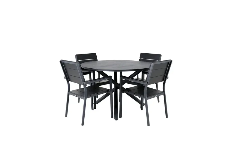 Alma Matgrupp Utomhus Rund Ø120cm + 4 Levels Stapelbara Matstolar - Svart — Venture Home