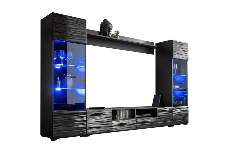 Apryl Modern TV Mediamöbel med Vitrinskåp och LED-belysning - Svart / Trä / Glas — Concept 55