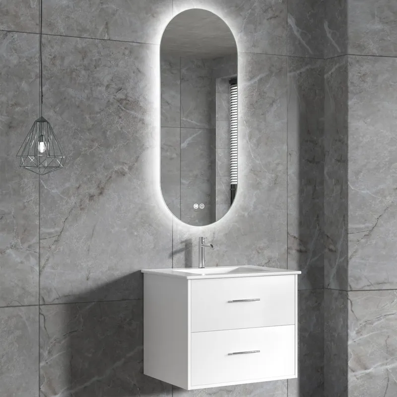 Badrumsmöbel \| Oval LED-spegel \| Kommod med blandare \| Nimbo - 60 cm — 60 cm -