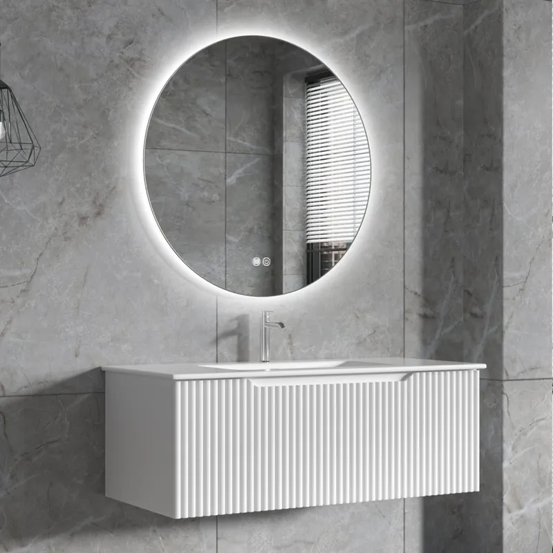 Badrumspaket | Kommod 101cm | Rund LED-spegel | Tuba - Vit — Lyfco