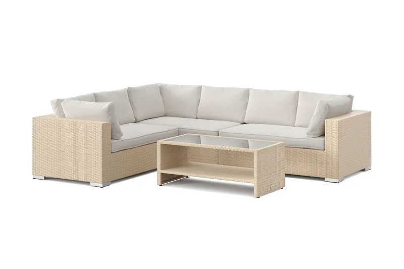 Bahamas L-formad utesoffa höger, 6-sits med bord och hylla - Beige — Comfort Garden