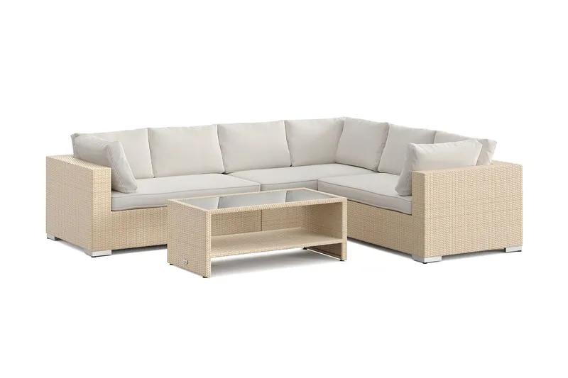 Bahamas L-formad utesoffa vänster, 6-sits med bord och hylla - Beige — Comfort Garden
