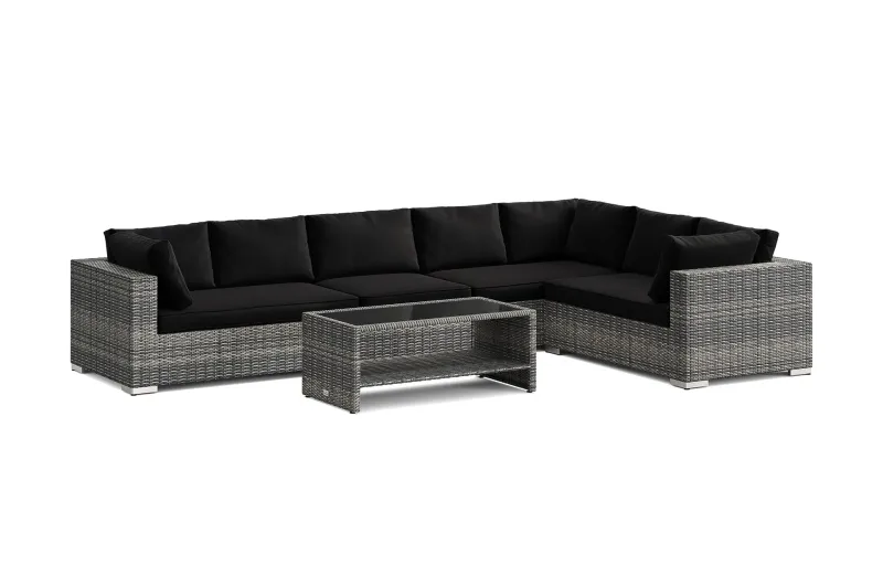 Bahamas L-formad utesoffa vänster, 7-sits med bord och hylla - Grå — Comfort Garden