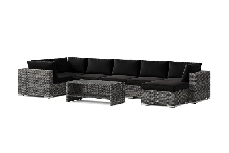 Bahamas U-formad utomhus loungegrupp 7-sits med vändbar divan och bord med hylla - Grå — Comfort Garden