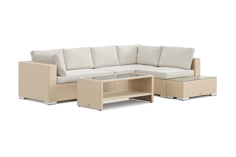 Bahamas utesoffa 5-sits vändbar schäslong med avslut och bord med hylla - Beige — Comfort Garden