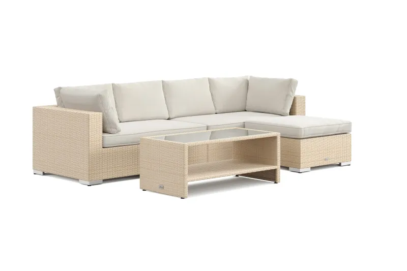 Bahamas utomhus divansoffa 5-sits med vändbar divan och bord med hylla - Beige — Comfort Garden
