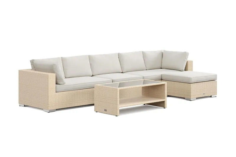 Bahamas utomhus divansoffa 6-sits med vändbar divan och bord med hylla - Beige — Comfort Garden