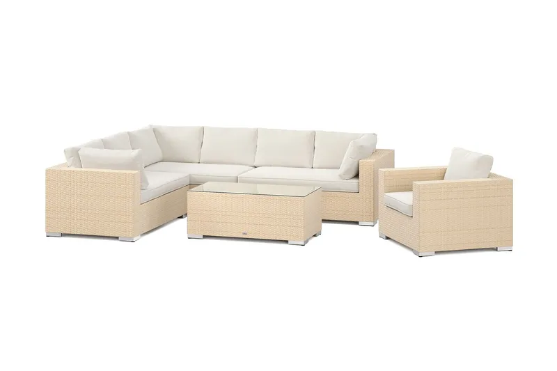 Bahamas utomhus L-soffa höger 7-sits med fåtölj och bord - Beige — Comfort Garden