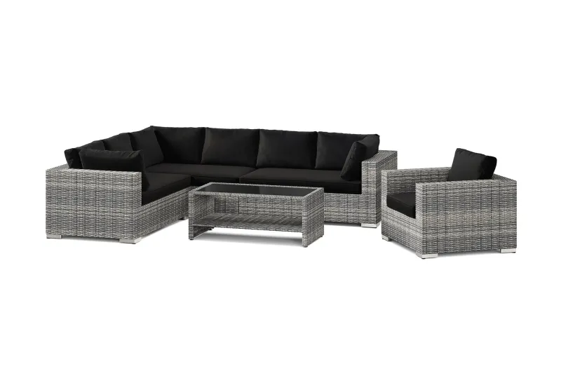 Bahamas utomhus L-soffa höger 7-sits med fåtölj och bord med hylla - Grå — Comfort Garden