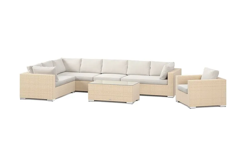 Bahamas utomhus L-soffa höger 8-sits med fåtölj och bord - Beige — Comfort Garden