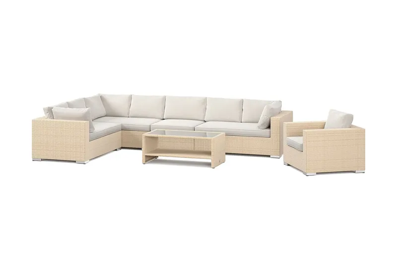 Bahamas utomhus L-soffa höger 8-sits med fåtölj och bord med hylla - Beige — Comfort Garden