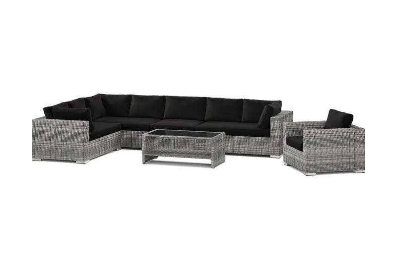 Bahamas utomhus L-soffa höger 8-sits med fåtölj och bord med hylla - Grå — Comfort Garden
