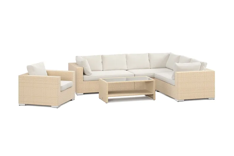 Bahamas utomhus L-soffa vänster 7-sits med fåtölj och bord med hylla - Beige — Comfort Garden