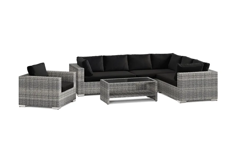 Bahamas utomhus L-soffa vänster 7-sits med fåtölj och bord med hylla - Grå — Comfort Garden