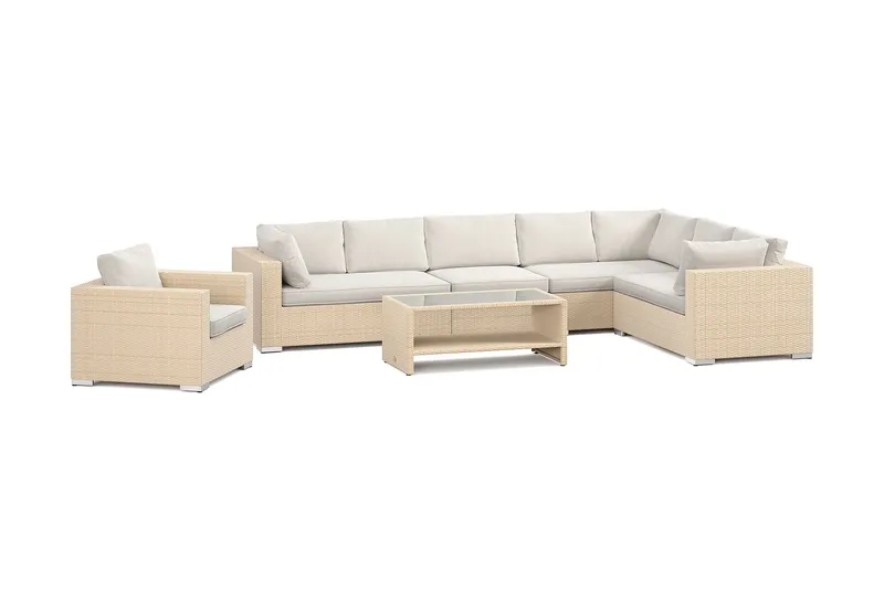 Bahamas utomhus L-soffa vänster 8-sits med fåtölj och bord med hylla - Beige — Comfort Garden