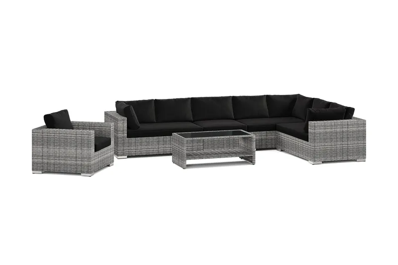 Bahamas utomhus L-soffa vänster 8-sits med fåtölj och bord med hylla - Grå — Comfort Garden