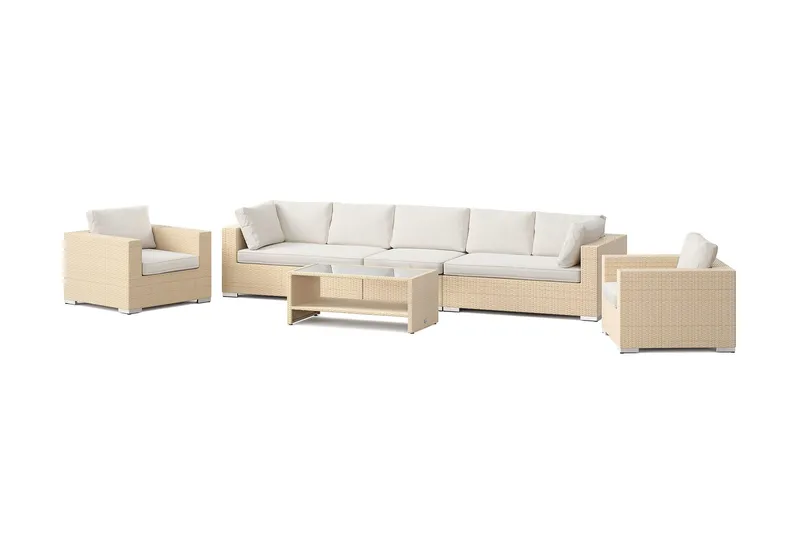 Bahamas utomhus soffgrupp 7-sits med två fåtöljer och bord med hylla - Beige — Comfort Garden