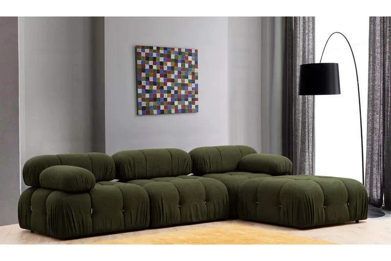 Belgin Bubblig Divansoffa 3-sits 288 cm med fasta armstöd och repdetaljer - Grön — Andrarum