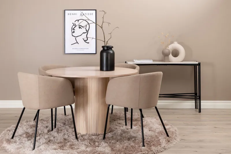 Biana Matgrupp 110 cm Rund inkl 4 Berita Stolar - Beige/Svart — Venture Home