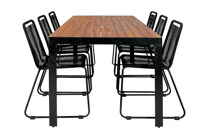 Bois Matgrupp Utomhus 205cm + 6 Lindos Stapelbara Matstolar - Svart/Grå — Venture Home