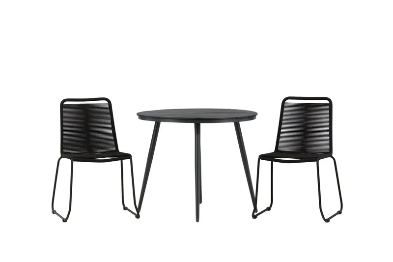 Break Cafégrupp Rund 90 cm + 2 Lindos Stapelbar Stol - Svart — Venture Home