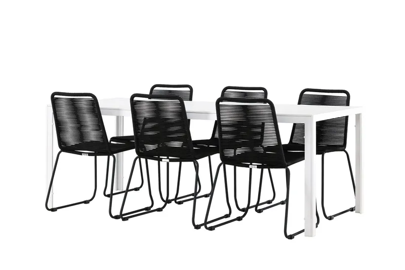 Break Matgrupp Utomhus 205 cm + 6 st Linero Matstolar Svart/Vit — Venture Home