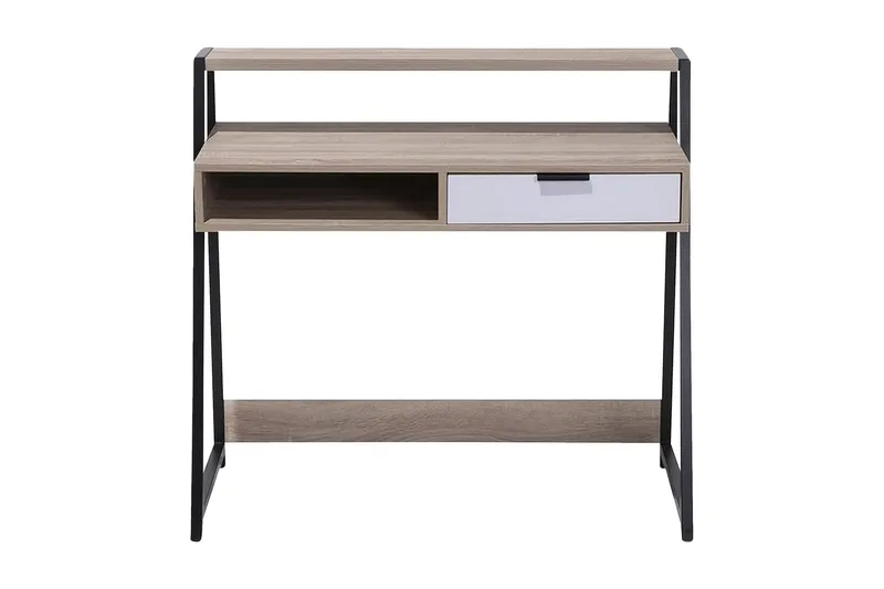 Calceta Skrivbord 100 cm med Förvaring Låda + Hylla - Ljusbrun/Vit/Svart — Ljusbrun/Vit/Svart