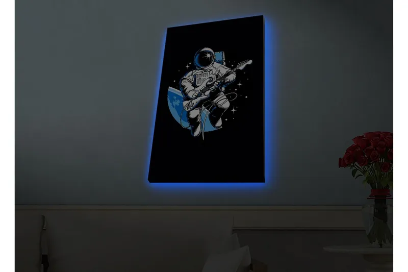 Canvastavla med LED-belysning - Astronaut som spelar gitarr i rymden - Svart / Blå / Vit — Svart / Blå / Vit