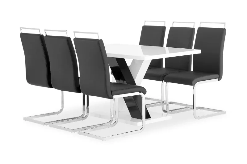 Cesi Matgrupp Rektangulärt matbord 140 cm + 6 Isoda Läder Marstolar - Vit / Svart / Krome — Concept 55