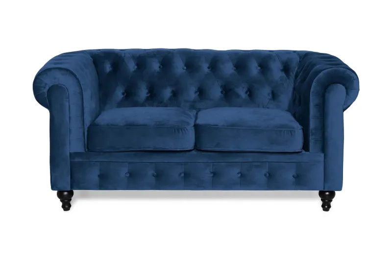 Chesterfield Lyx 2-sits Liten sammetssoffa - Djup soffa 160 cm bred - Blå Sammet — Manor House