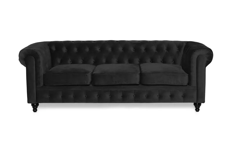 Chesterfield Lyx 3-sits Sammetssoffa - Djup soffa - Svart — Manor House