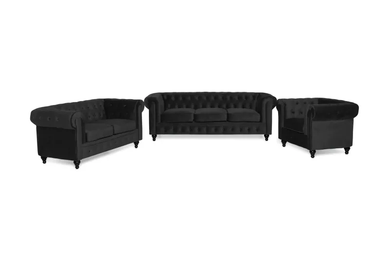 Chesterfield Lyx Modern Soffgrupp 3+2+1 i Sammet - Svart — Manor House