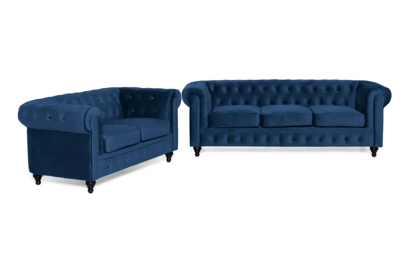 Chesterfield Lyx Soffgrupp 2-sits+3-sits Sammet - Blå — Manor House