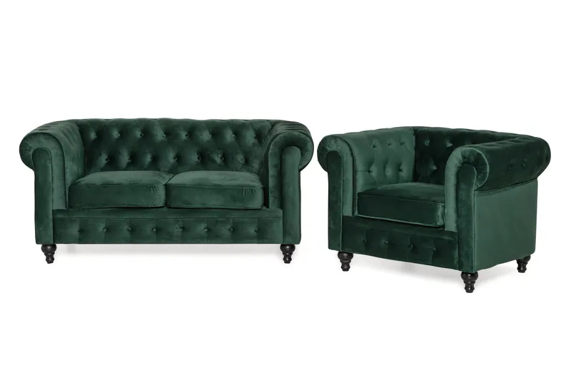 Chesterfield Lyx Soffgrupp 2-sits+Fåtölj Sammet - Mörkgrön — Manor House