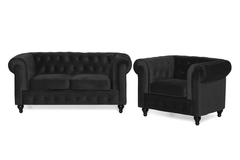 Chesterfield Lyx Soffgrupp 2-sits+Fåtölj Sammet - Svart — Manor House
