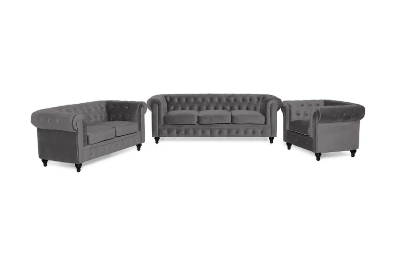 Chesterfield Lyx Soffgrupp 3+2+1 i Sammet - Mörkgrå / Grå — Manor House