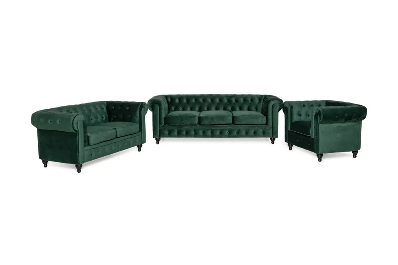 Chesterfield Lyx Soffgrupp 3+2+1 i Sammet - Mörkgrön / Grön — Manor House