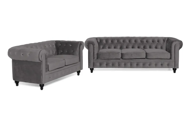 Chesterfield Lyx Soffgrupp 3+2 i Sammet - Mörkgrå / Grå — Manor House