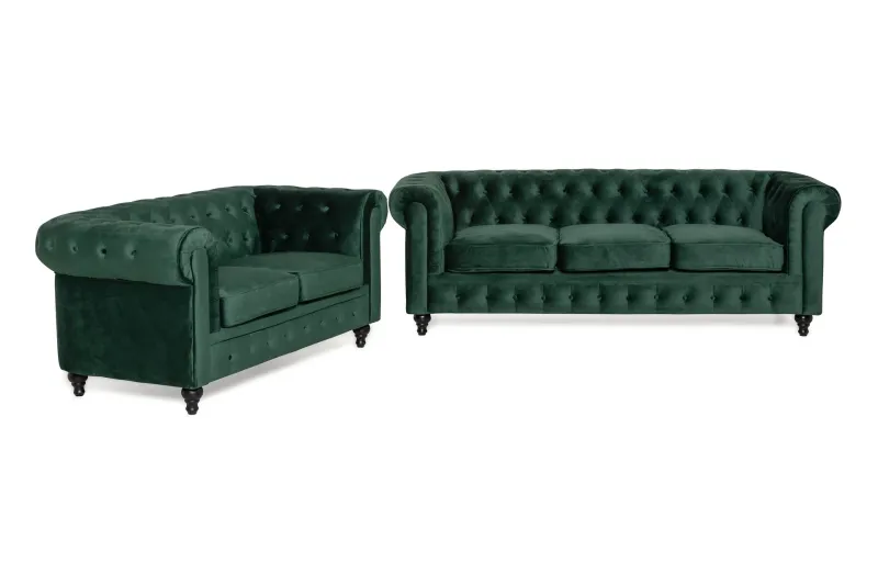 Chesterfield Lyx Soffgrupp 3+2 i Sammet - Mörkgrön / Grön — Manor House