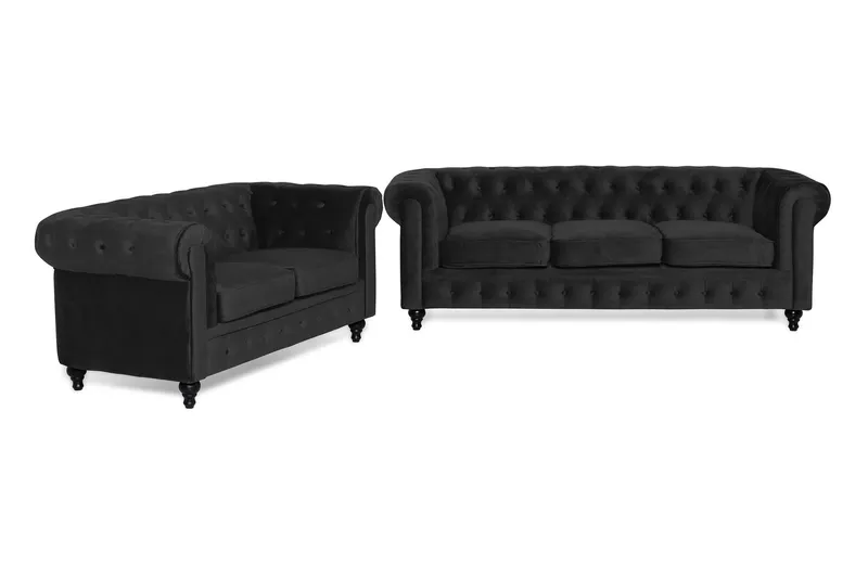 Chesterfield Lyx Soffgrupp 3+2 i Sammet - Svart — Manor House