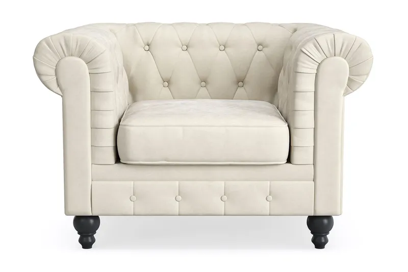 Chesterfield Lyx Stor skön djup sammetsfåtölj - Fåtölj till vardagsrum - Beige Sammet — Manor House