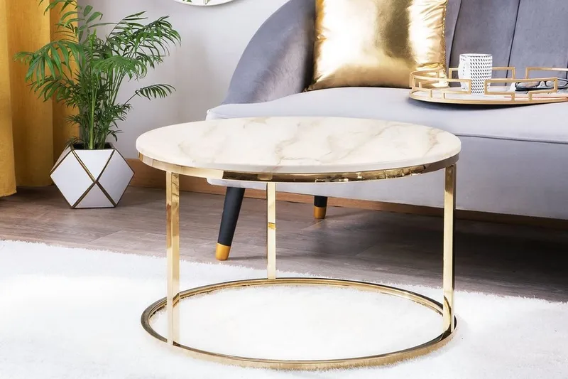 Coralla Soffbord 70 cm Runt Marmormönster - Vit/Guld — Vit/Guld