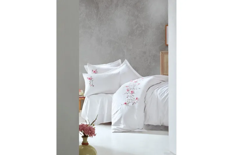 Cotton Box Bäddset Dubbelt 6-dels Premium Satin - Vit/Rosa — Vit/Rosa