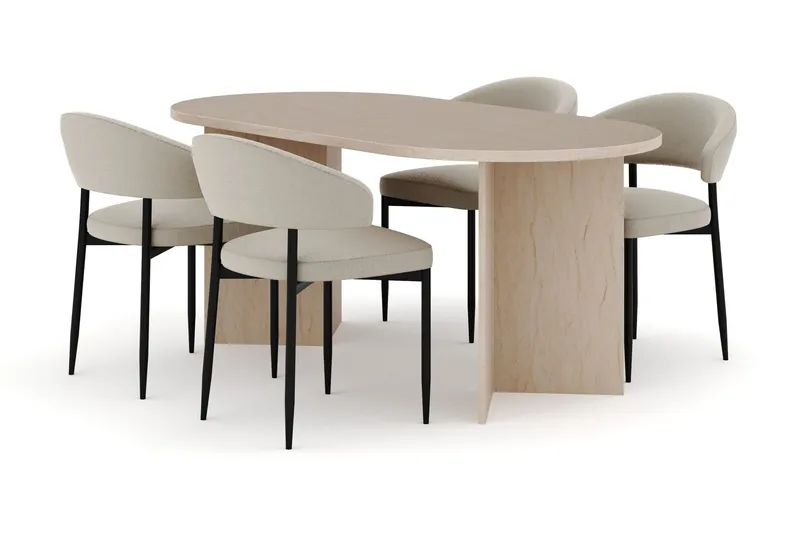 Dano Matbord 180 cm med 4 Sawako Matstolar - Travertin / Beige — Travertin / Beige