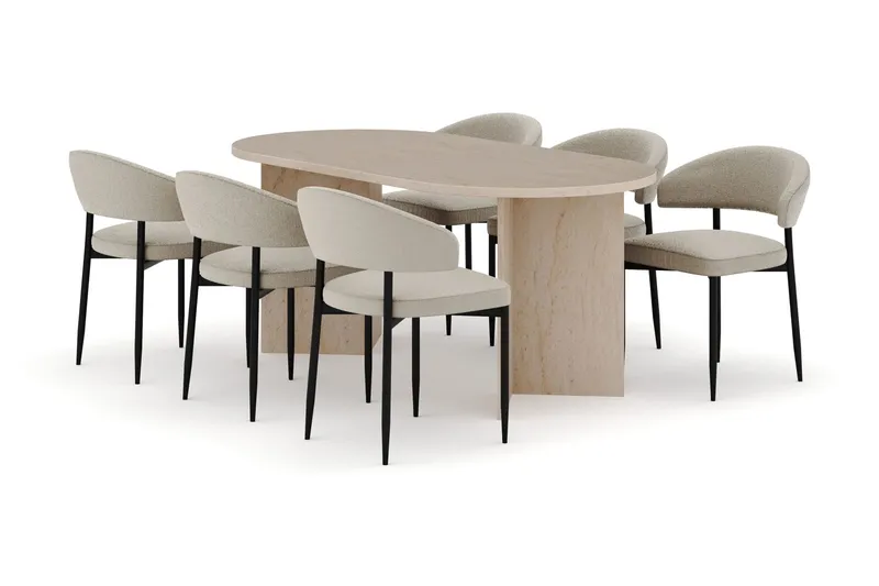 Dano Matbord 180 cm med 6 Sawako Matstolar - Travertin / Beige — Travertin / Beige
