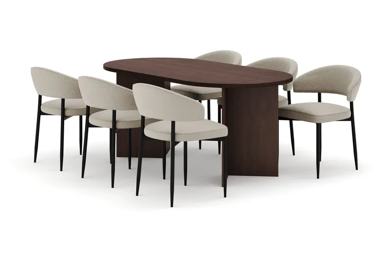 Dano Matbord 180 cm med 6 Sawako Matstolar - Valnöt / Beige — Valnöt / Beige