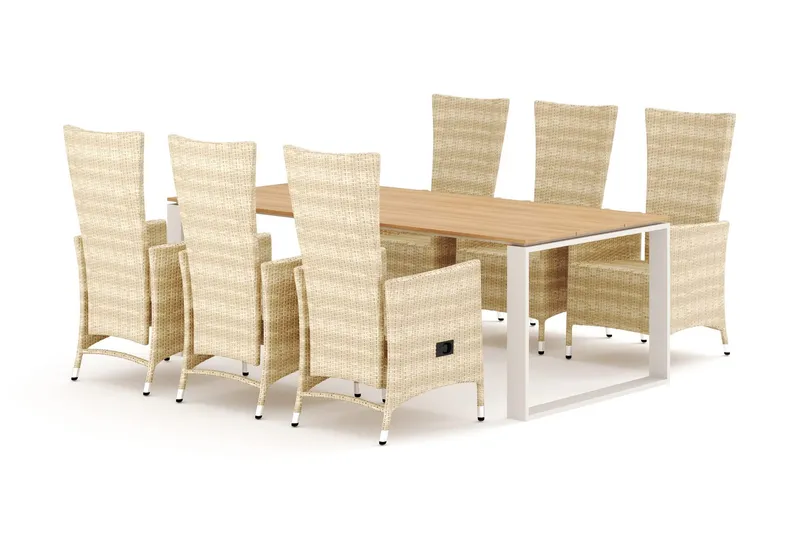 Devon utomhus matgrupp 210x100 cm med 6 Jenny matstolar - Beige/Teak — Comfort Garden