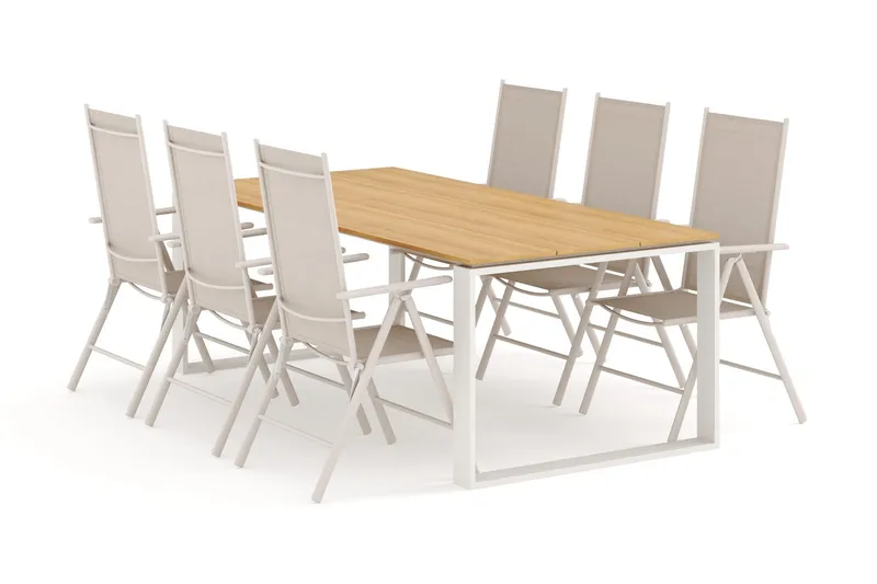 Devon utomhus matgrupp 210x100 cm med 6 Maggie positionsstolar - Beige/Teak — Comfort Garden