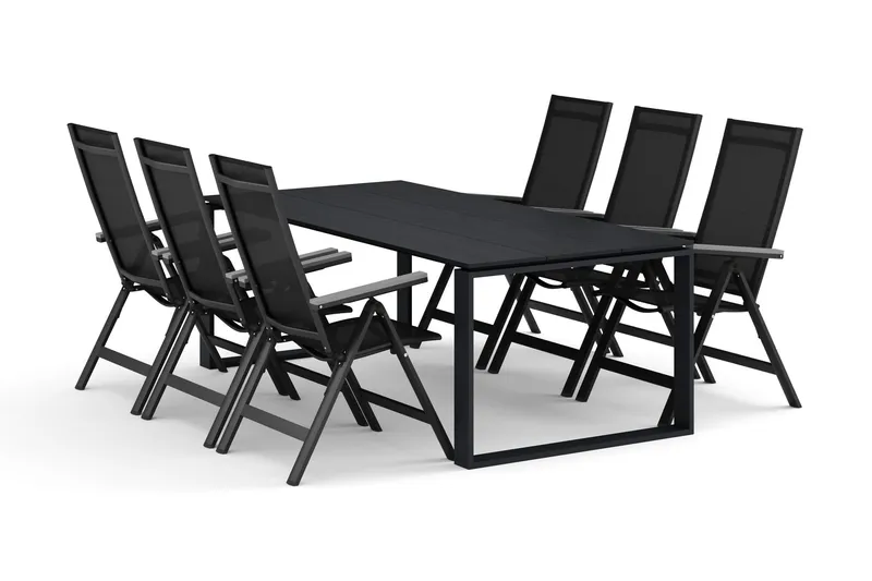 Devon utomhus matgrupp 210x100 cm med 6 Monaco Light positionsstolar - Svart — Comfort Garden
